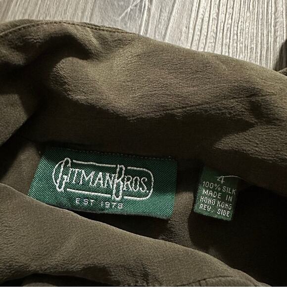 Gitman Bros 100% Silk Olive Green Mock Neck Button Down Shirt Size 4 - Picture 5 of 9